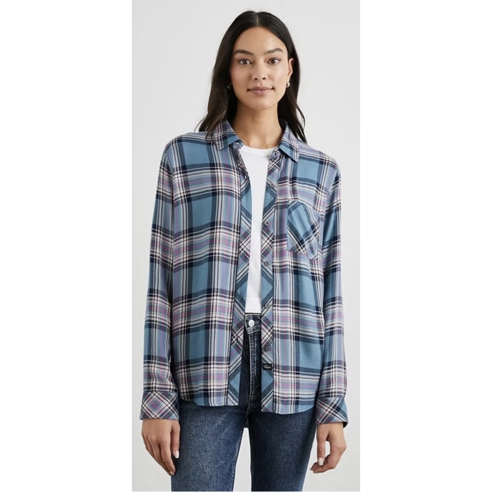 Rails Hunter Plaid Women Button Front Top SZ LG Blue Jasper Blush Preppy Grunge